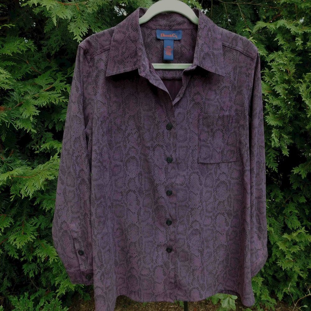 Denim & Co. Purple & Black Snakeskin Print Faux-Suede Buttonfront Top